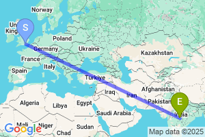 Map of the flight from London Gatwick to Nagpur