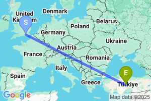 Map of the flight from London Gatwick to Nevsehir