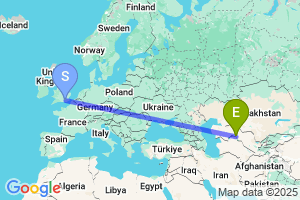 Map of the flight from London Gatwick to Nukus
