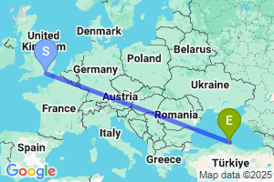 Map of the flight from London Gatwick to Sinop