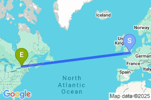 Map of the flight from London Gatwick to Ogdensburg