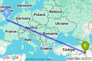 Map of the flight from London Gatwick to Urmieh