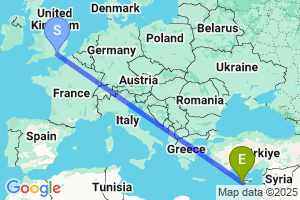 Map of the flight from London Gatwick to Paphos