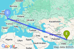 Map of the flight from London Gatwick to Pokhara