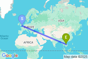 Map of the flight from London Gatwick to Pakse