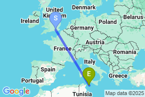 Map of the flight from London Gatwick to Pantelleria