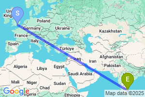 Map of the flight from London Gatwick to Puducherry