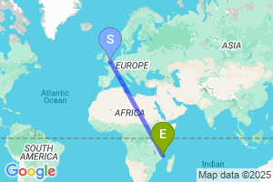 Map of the flight from London Gatwick to Pemba
