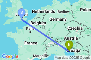 Map of the flight from London Gatwick to Pula