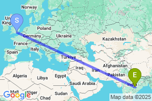 Map of the flight from London Gatwick to Raipur