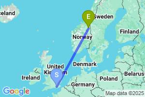 Map of the flight from London Gatwick to Roros