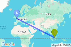 Map of the flight from London Gatwick to Sibu