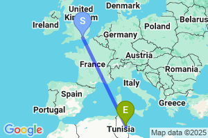 Map of the flight from London Gatwick to Sfax El Maou