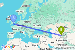 Map of the flight from London Gatwick to Samarkand