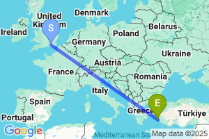 Map of the flight from London Gatwick to Samos