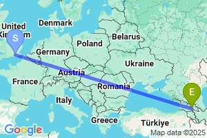 Map of the flight from London Gatwick to Tbilisi