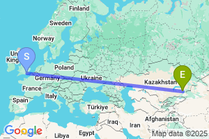 Map of the flight from London Gatwick to Taldy-Kurgan