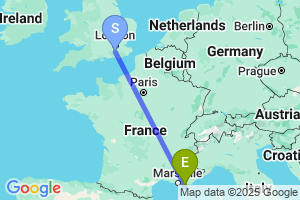 Map of the flight from London Gatwick to Toulon