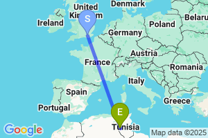 Map of the flight from London Gatwick to Tozeur