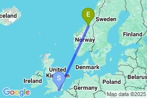 Map of the flight from London Gatwick to Trondheim