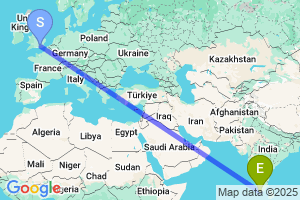 Map of the flight from London Gatwick to Thiruvananthapuram