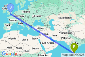 Map of the flight from London Gatwick to Tiruchirapalli