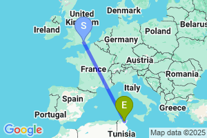 Map of the flight from London Gatwick to Tunis Carthage