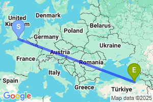 Map of the flight from London Gatwick to Trabzon