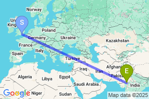 Map of the flight from London Gatwick to Udaipur