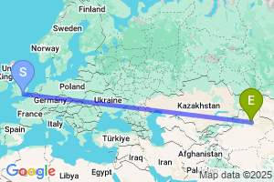 Map of the flight from London Gatwick to Urumqi