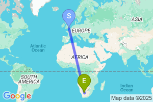 Map of the flight from London Gatwick to Upington