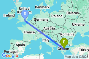 Map of the flight from London Gatwick to Volos