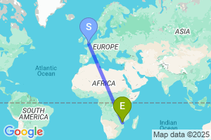 Map of the flight from London Gatwick to Chimoio