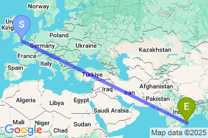 Map of the flight from London Gatwick to Visakhapatnam