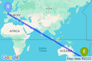 Map of the flight from London Gatwick to Whanganui