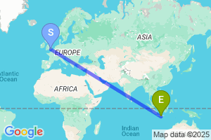 Map of the flight from London Gatwick to Yogyakarta International