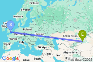 Map of the flight from London Gatwick to Yining