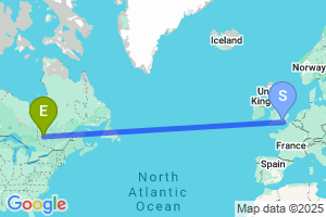 Map of the flight from London Gatwick to Val D'Or