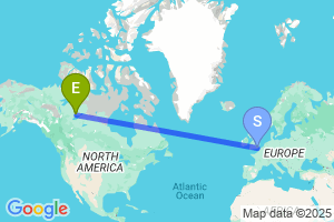 Map of the flight from London Gatwick to Yellowknife