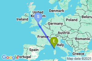 Map of the flight from London Heathrow to Ajaccio