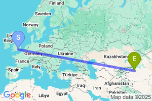 Map of the flight from London Heathrow to Aksu