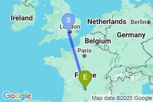 Map of the flight from London Heathrow to Aurillac Tronquiere