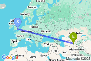 Map of the flight from London Heathrow to Bukhara