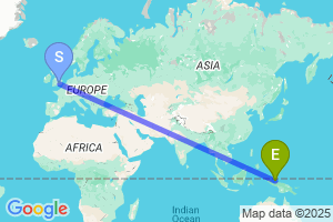 Map of the flight from London Heathrow to Biak