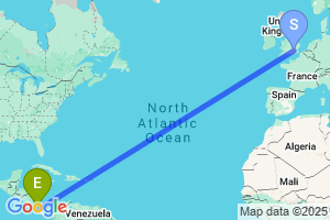 Map of the flight from London Heathrow to Bocas Del Toro
