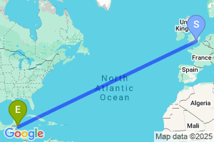 Map of the flight from London Heathrow to Belize City