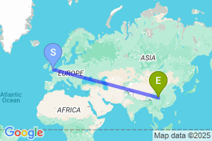 Map of the flight from London Heathrow to Chengdu