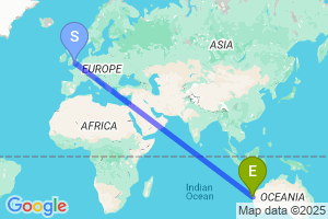 Map of the flight from London Heathrow to Carnarvon