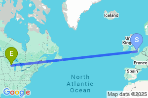 Map of the flight from London Heathrow to Wausau Central Wisconsin