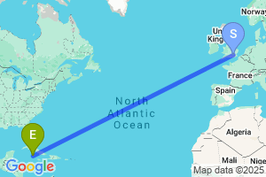 Map of the flight from London Heathrow to Cayman Brac Is